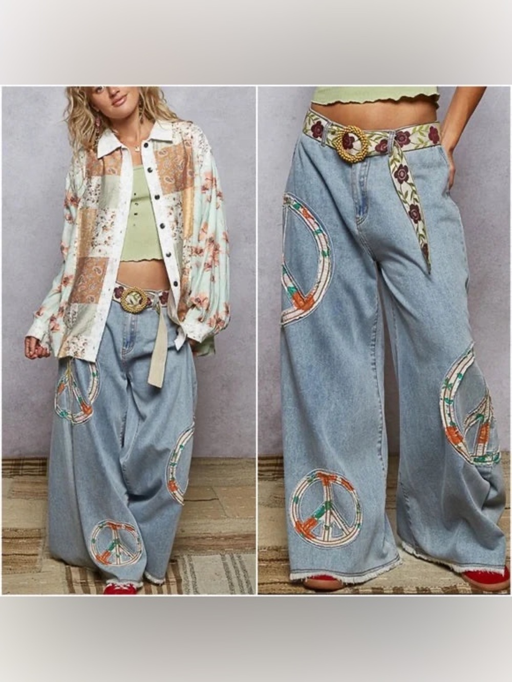 POL Peace Patchwork Light Wash Wide leg Denim Jean pants Medium 70’s hippie boho - Picture 2 of 15
